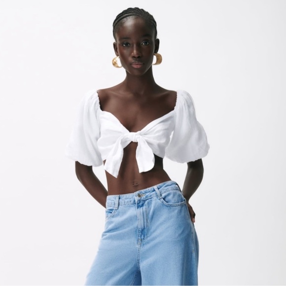 Zara Tops - Zara Puff sleeves Tie Linen Top White color Sz XS
